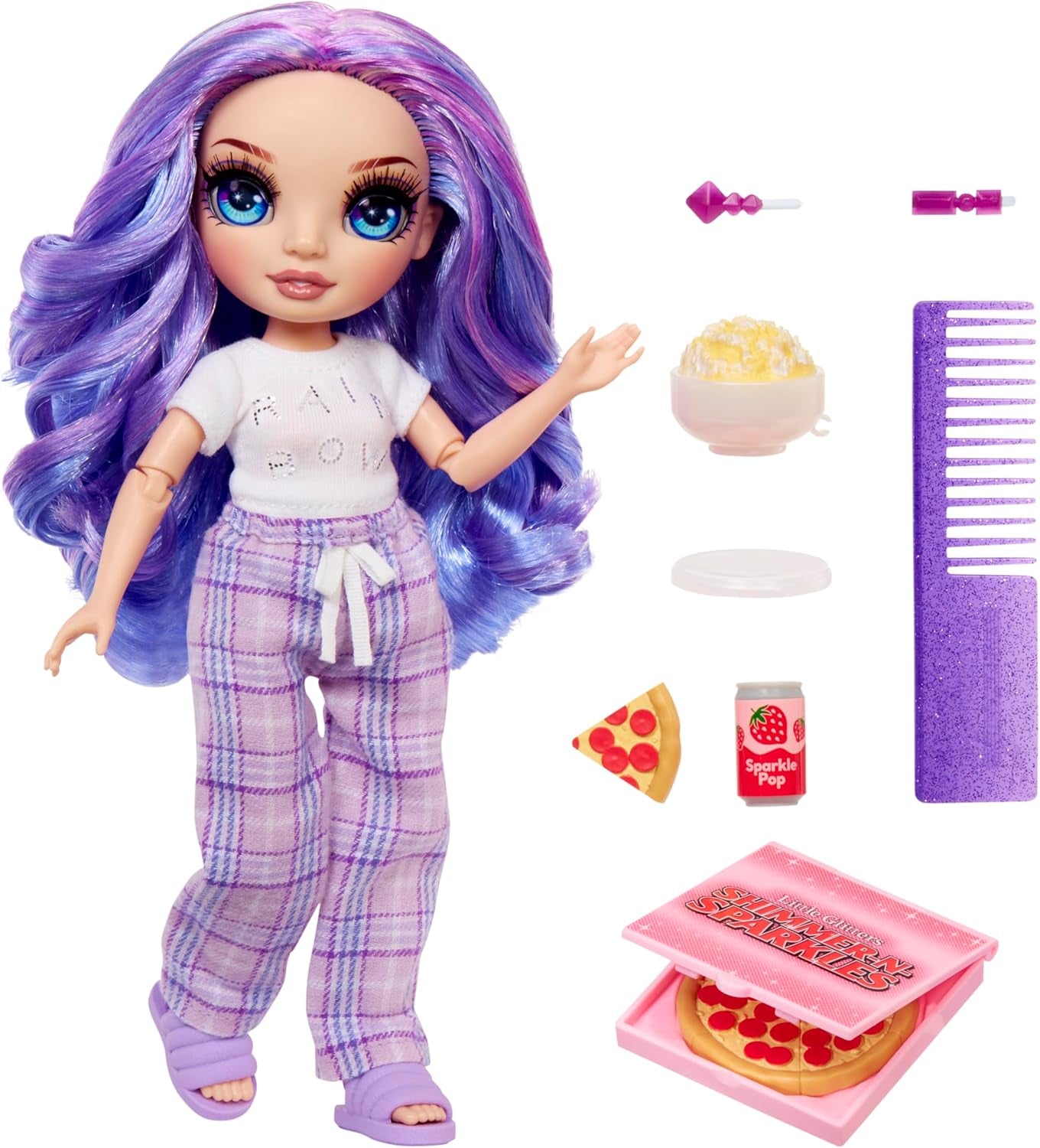 Rainbow High Junior High PJ Party Doll - Violet - 22 cm met zachte jumpsuit, pantoffels en speelaccessoires - Kinderspeelgoed - Ideaal voor 4-12 jaar