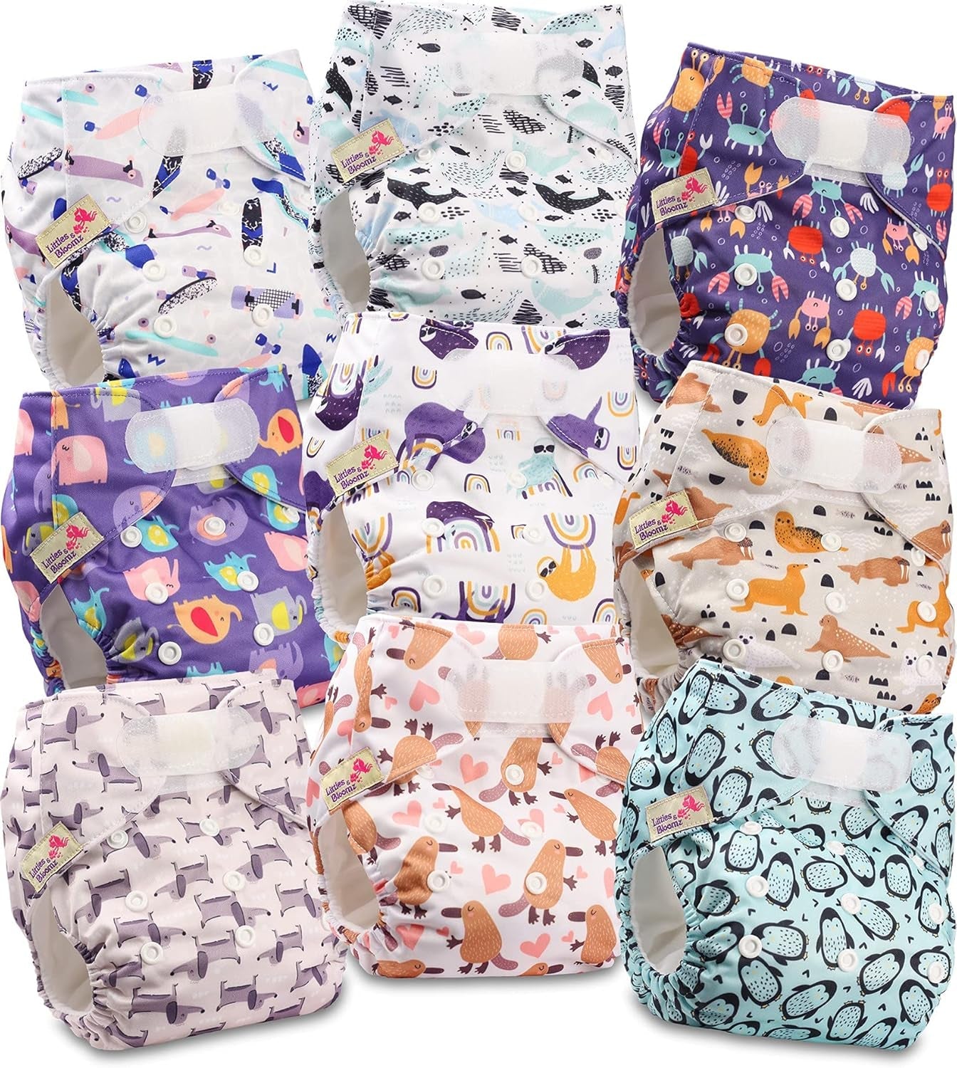 Littles and Bloomz herbruikbare luier FLV2-0602, standaard klittenbandsluiting, 6 luiers