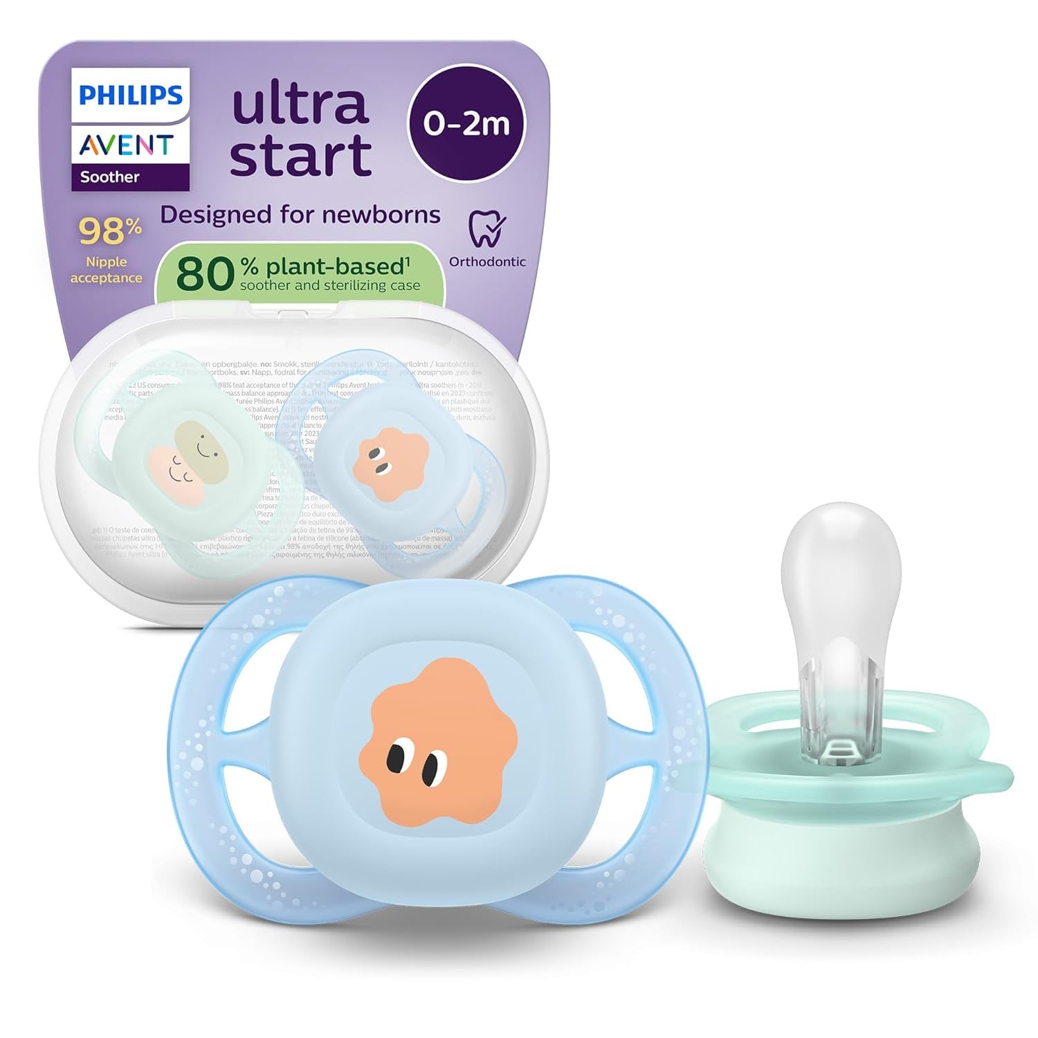 Philips AVENT Ultra Start Nachtfopspeen, orthodontische fopspeen voor pasgeborenen, Glow in the Dark, BPA-vrij, met sterilisatiecontainer, Twin Pack, Maan, Ster, SCF075/07