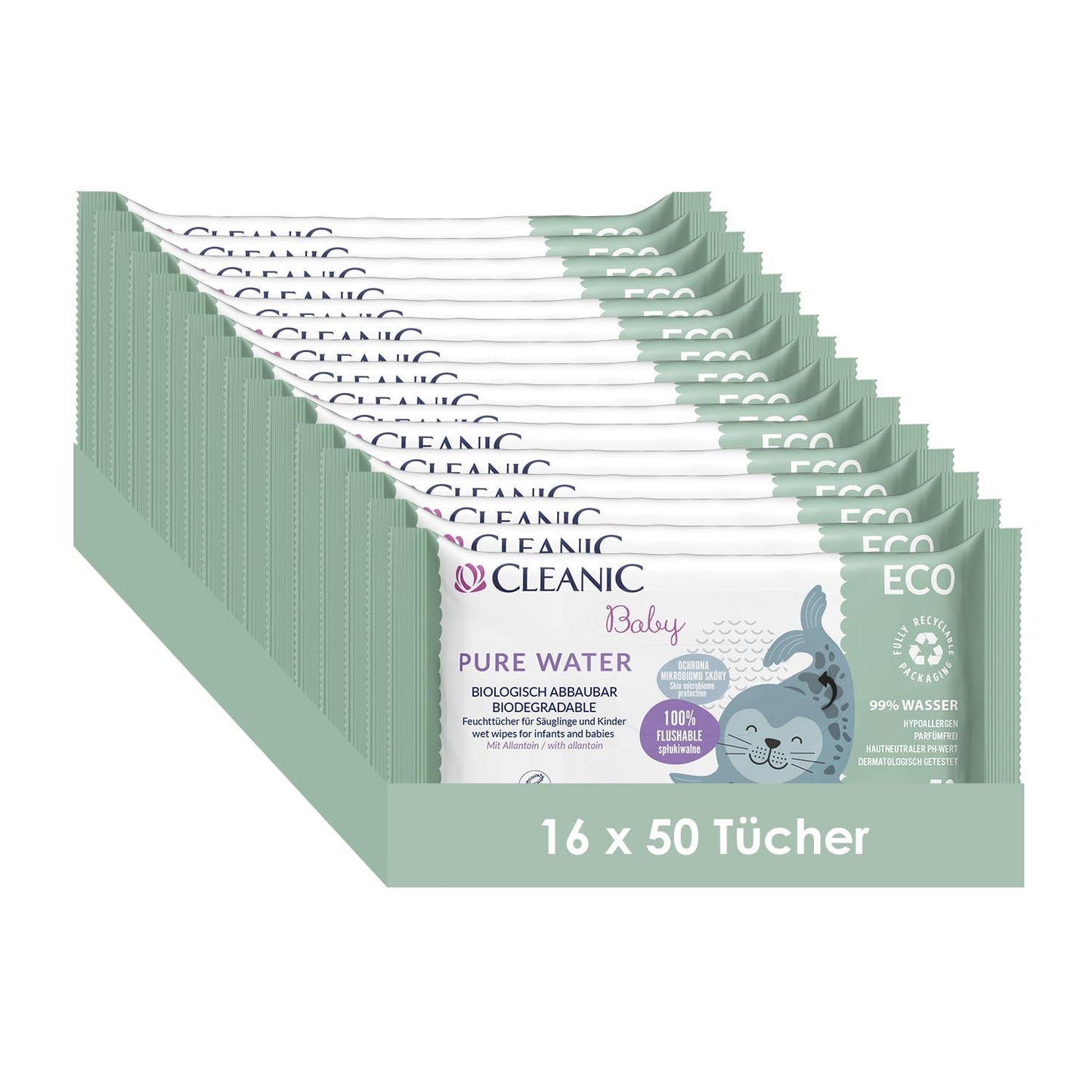 Cleanic Baby Eco Pure Water Vochtige Doekjes – (1 x 50 st.) Vochtige doekjes voor kinderen en zuigelingen – geurvrij, doorspoelbaar, gevoelige huid – 50 st.