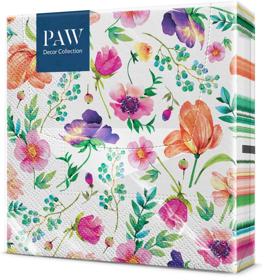 PAW - 3-laags servetten (33 x 33 cm) I 20 stuks I Perfect voor verjaardagen, feesten, bruiloften, communies en feestdagen I Tafeldecoraties Kleurrijke papieren servetten - Kleurrijke bloemen Flora I Bloemstuk