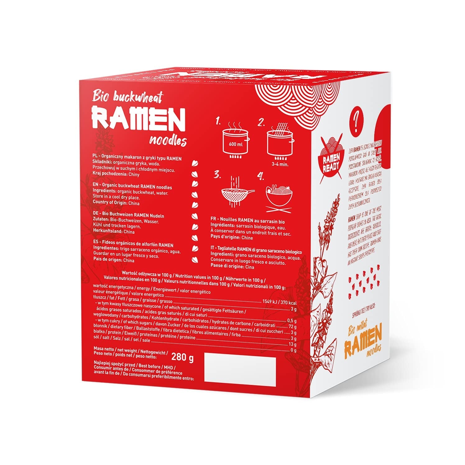 DIET-FOOD Biologische boekweit-ramen-noedels, vegetarisch en veganistisch eten, vetvrij, soja-vrij, glutenvrij, wateroplosbare dieetnoedels, caloriearm, 280g
