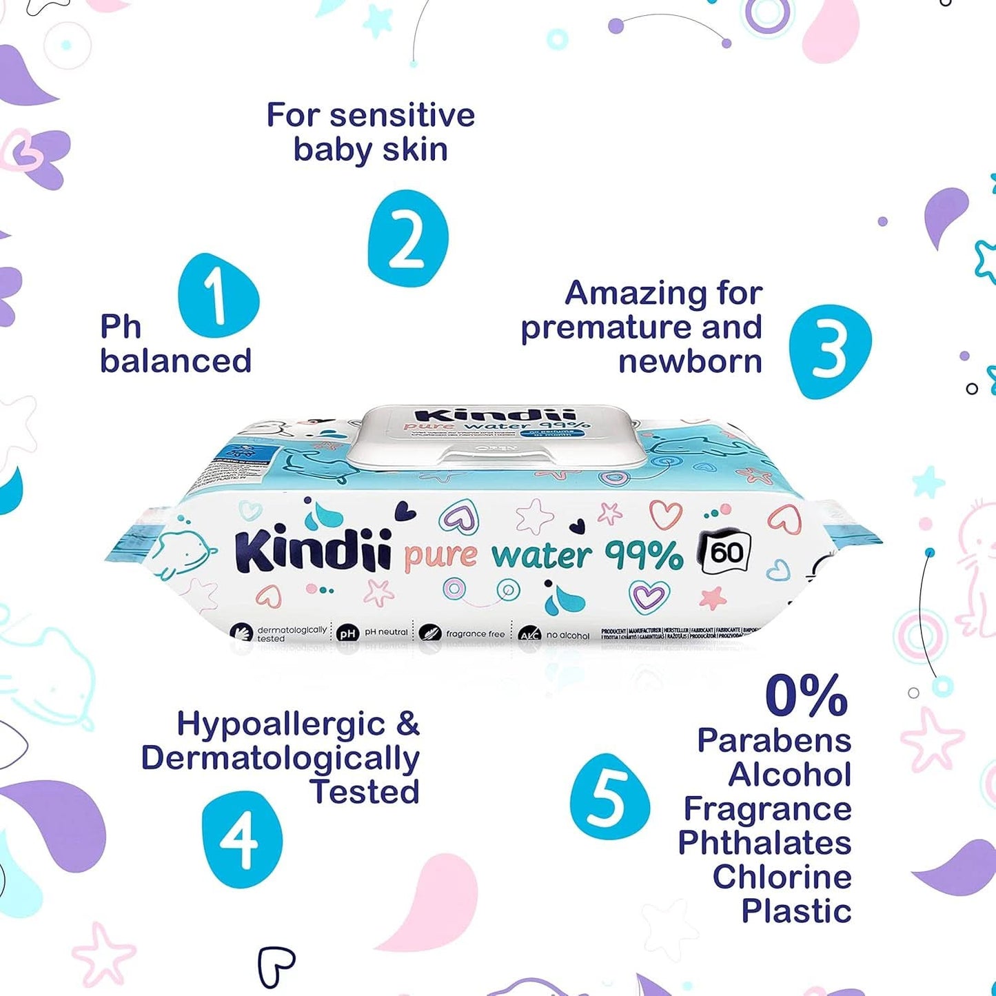 Kindii Feuchttücher Für Babies en Kinder Zuiver Water 99% - 99%Ige Zusammenzeit Auf Wasserbasis - Allantoïne - Unparfümiert - Dermatologisch Getestet - Für Empfindliche Haut - 720 Stück - 12X60 Stück Naty Shop