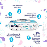 Kindii Feuchttücher Für Babies en Kinder Zuiver Water 99% - 99%Ige Zusammenzeit Auf Wasserbasis - Allantoïne - Unparfümiert - Dermatologisch Getestet - Für Empfindliche Haut - 720 Stück - 12X60 Stück Naty Shop