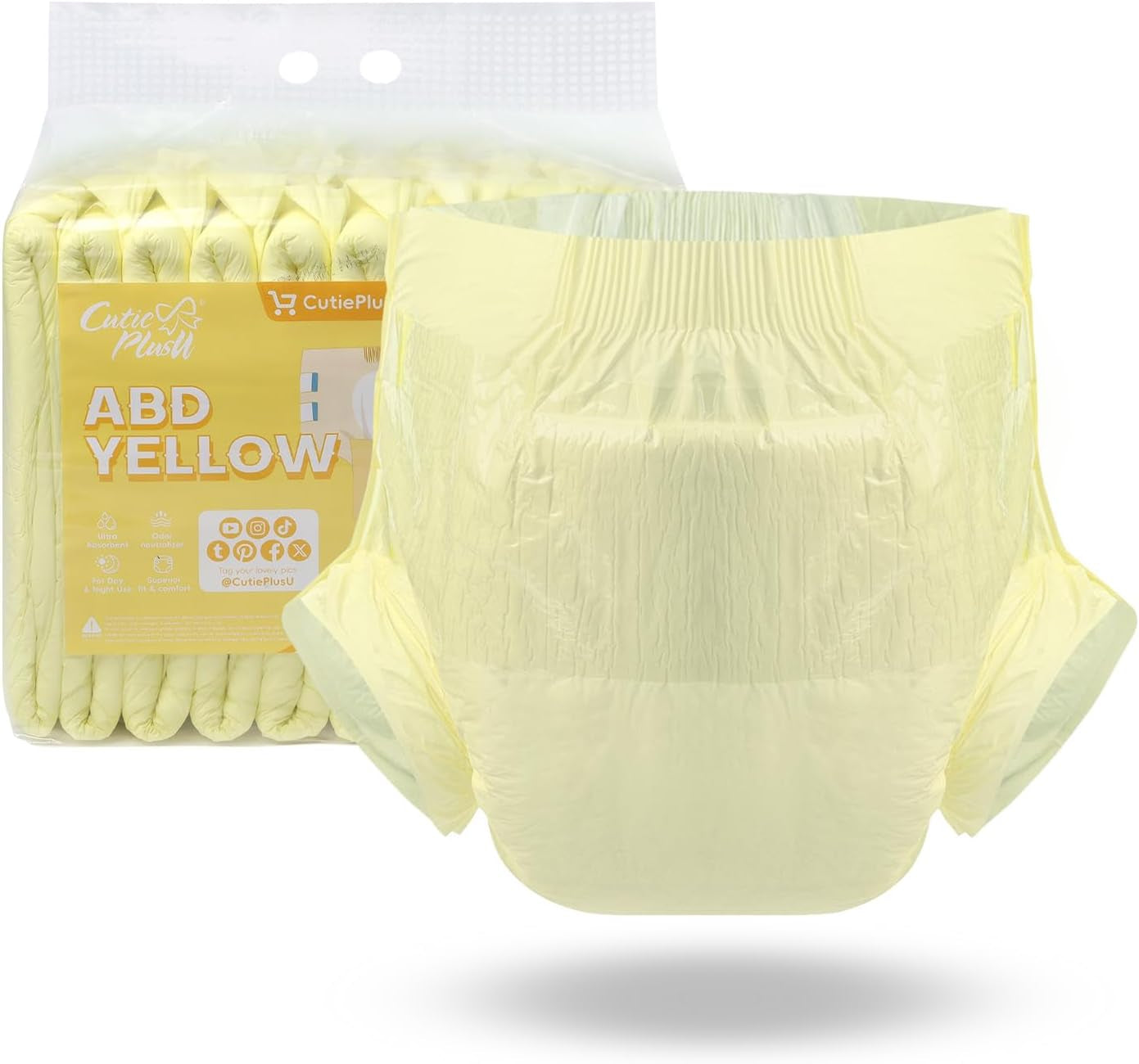 CutiePlusU luiers voor volwassenen, 10-pack wegwerpincontinentieslipjes met lussen voor dames en heren, maximaal absorptievermogen 's nachts - geel (middelgrote maat 71-96cm)