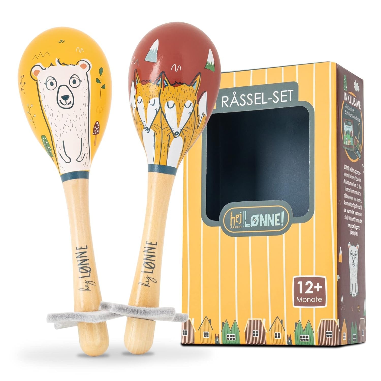 HEJ LØNNE set van 2 houten bellen - Kindermaracas - houten muziekinstrument ter bevordering van de motoriek, coördinatie en sociaal gedrag - houten bel voor kinderen - kinderspeelgoed Jucarii Bebe Naty Shop Standaard titel