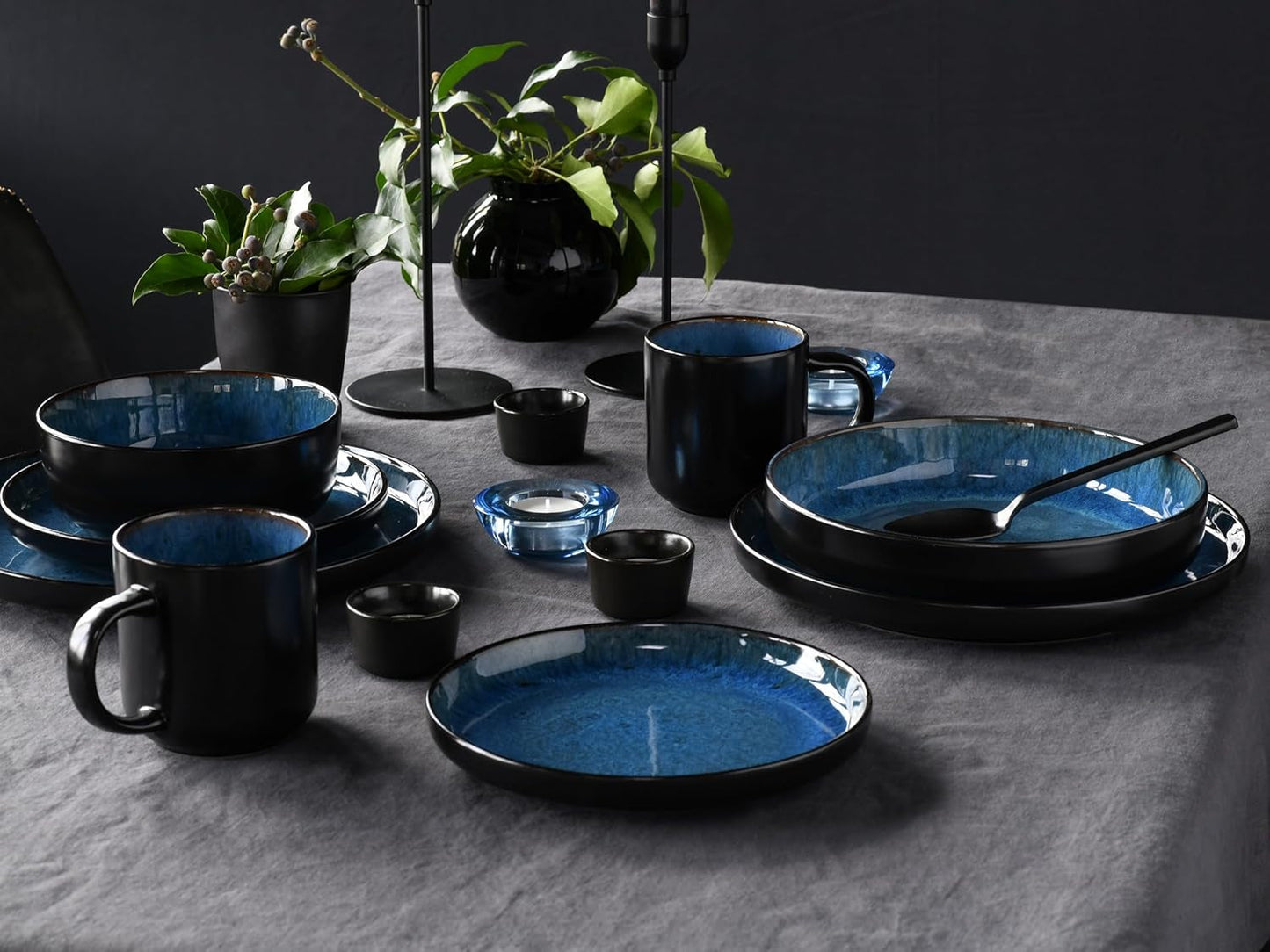 CreaTable, 20149, Nordic Fjord Blue-serie, 16-delige serviesset voor 4 personen, porseleinen combinatieservies, vaatwasmachine- en magnetronbestendig, kwaliteitsproductie