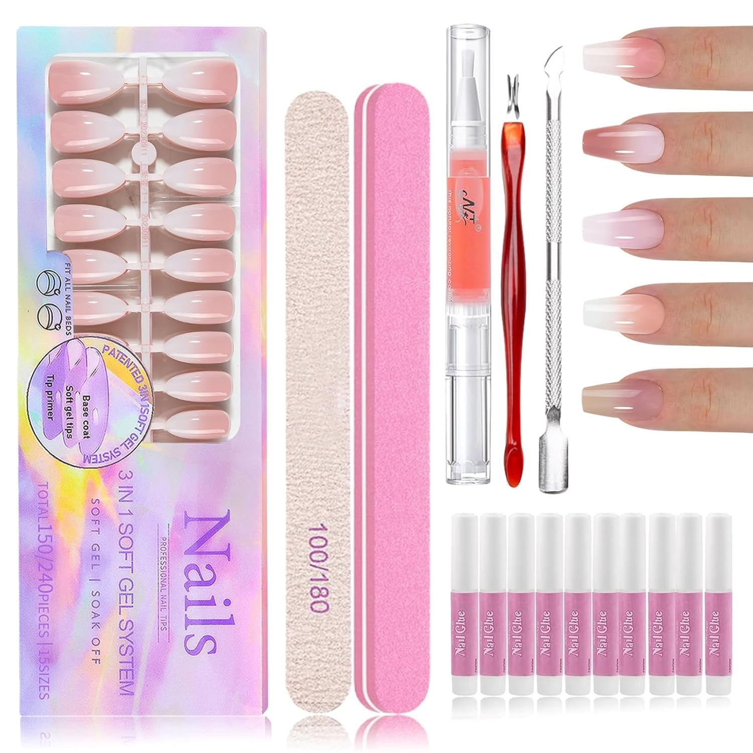 150 stuks gradiënt kunstnagels kit - 5 kleuren ombre ontwerp zelfklevende kunstnagels - volledige dekking voor vrouwen en meisjes - glanzende kunstnagels voor doe-het-zelf-manicure (vierkant)
