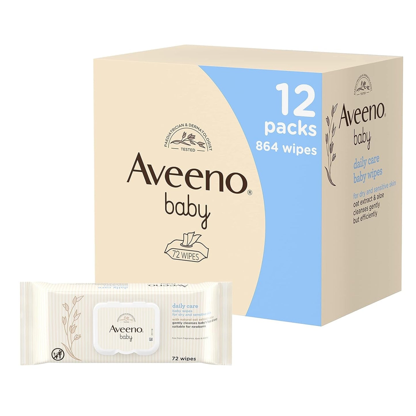 Vochtige doekjes voor dagelijkse verzorging, reinigt zacht en effectief de gevoelige huid, Baby Essentials, Wit, 12 stuks (totaal 864 doekjes)