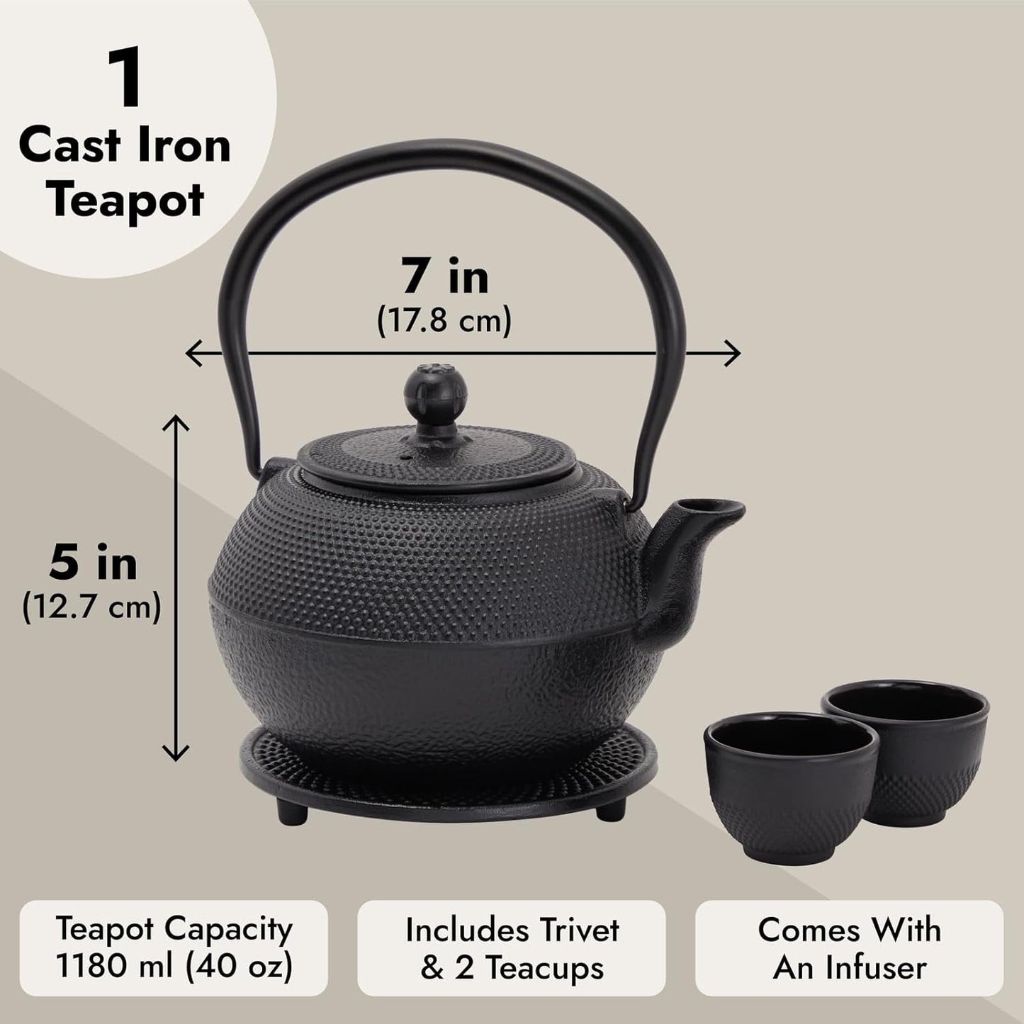 Juvale Japans theeservies met gietijzeren theepot (1200 ml), schotel en 2 kopjes, theeservies in Tetsubin-stijl, zwart