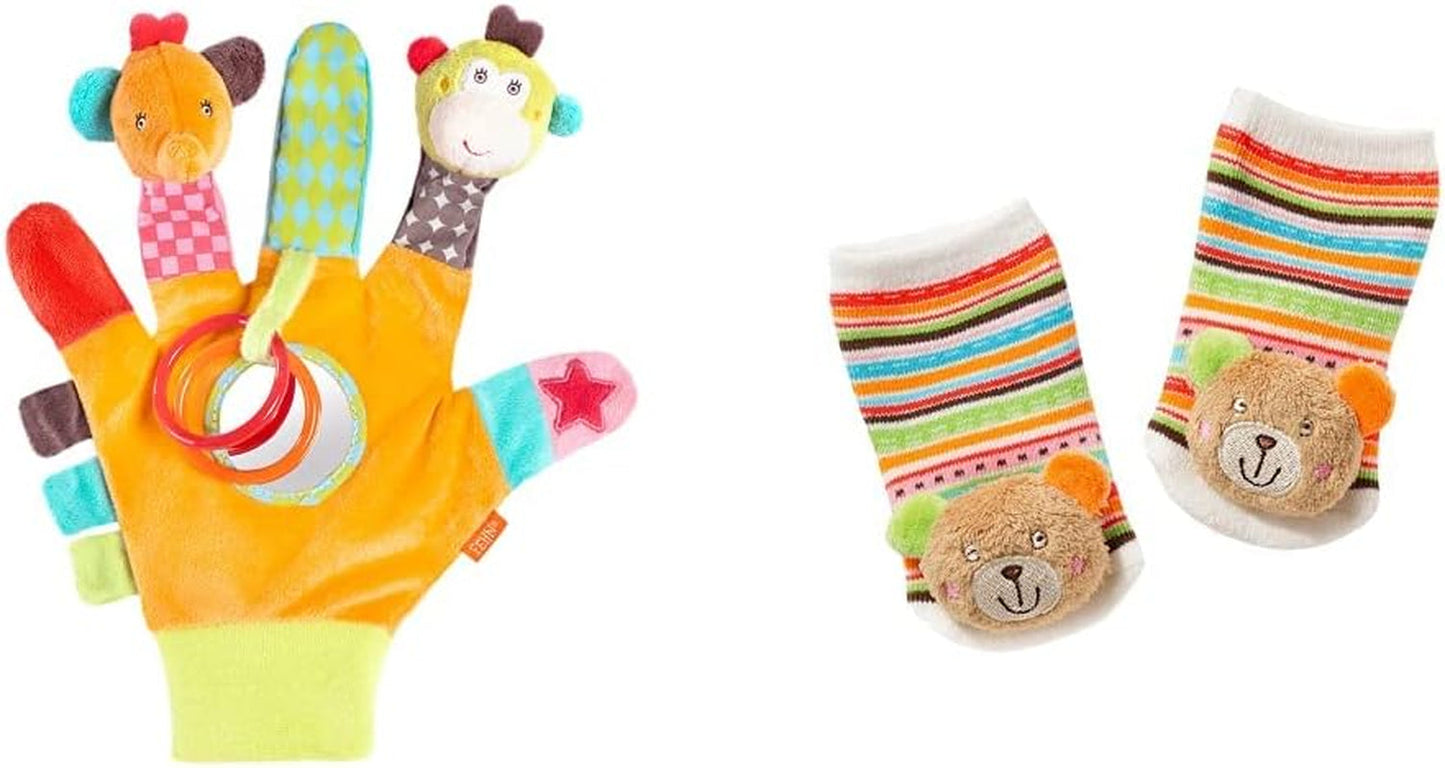 Fehn speelhandschoen safari - aap- en olifantsvingerpoppen voor kinderen & eenhoorn belsokken voor kinderen - kindersokken met belfunctie en eenhoornkop - stimuleren motoriek en zintuigen Bebe Toys Naty Shop Safari Pluche Rammelaar Sokkenpakket