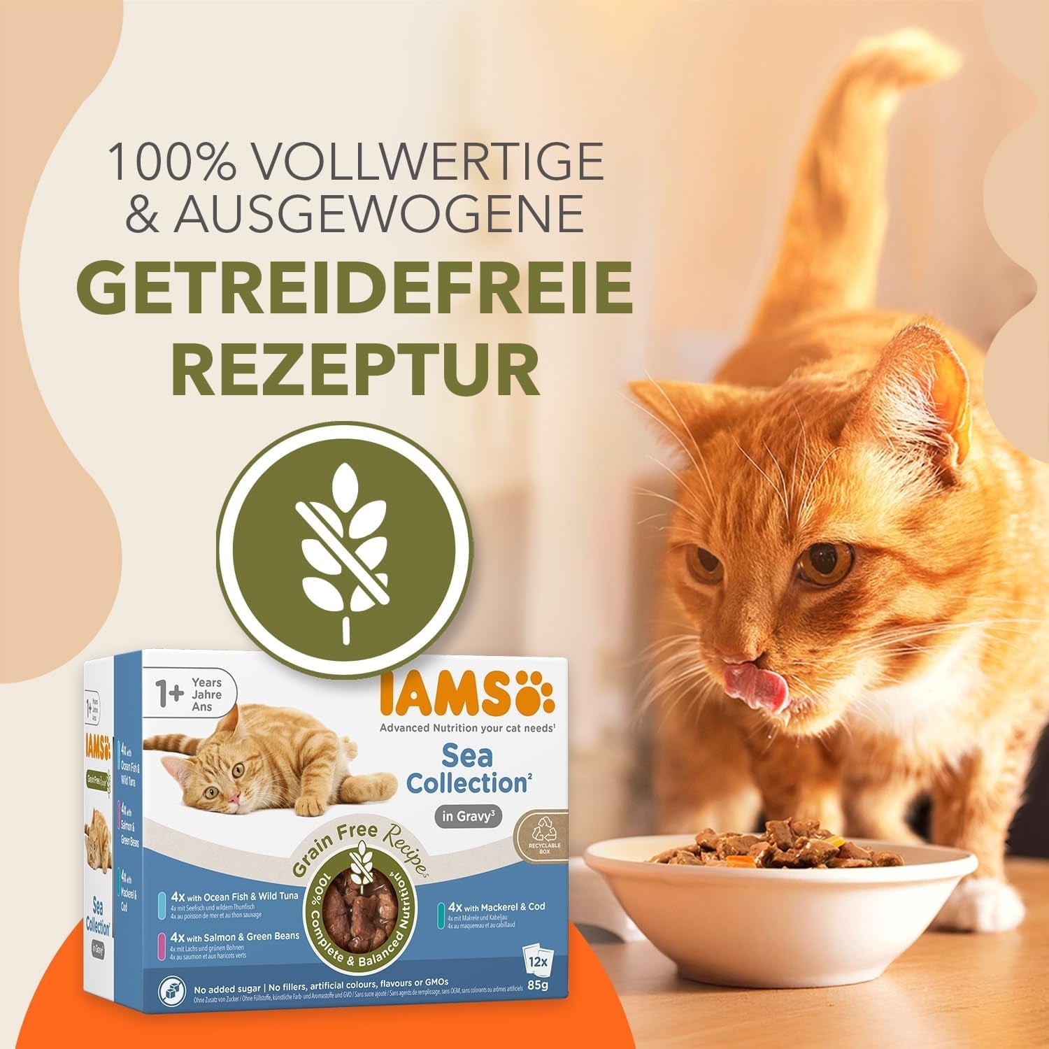IAMS Delights Sea Collection Graanvrij nat kattenvoer - Multipack met verscheidenheid aan vis in saus, graanvrij natvoer voor katten vanaf 1 jaar, 12 x 85 g