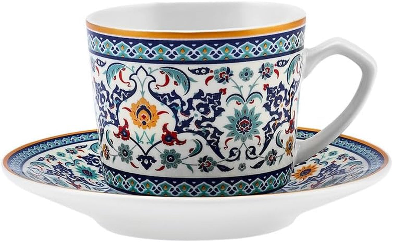 KARACA Beylerbeyi - 12-delige Turkse koffiekopjesset Porseleinen espressokopjesset van 6 met schotels 80ml espressokopjesset Traditioneel ontwerp - Blauw