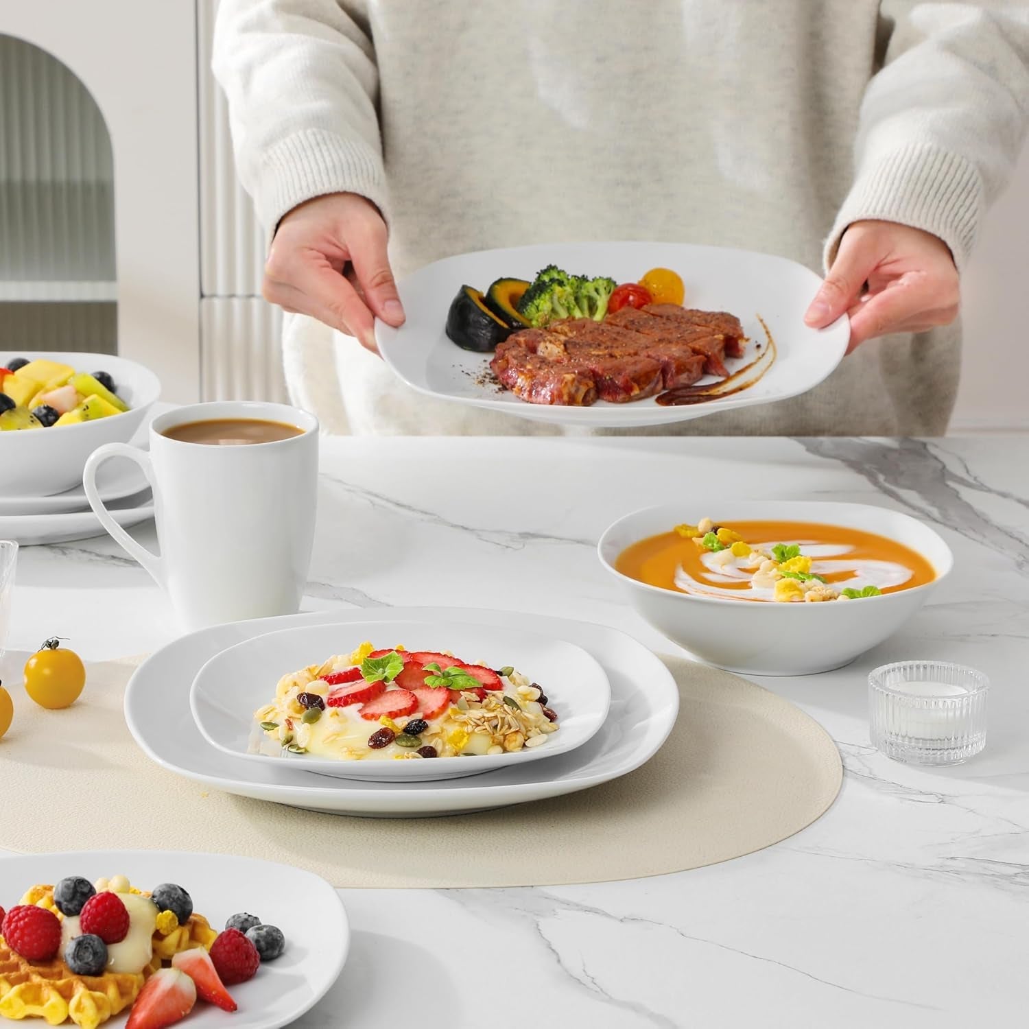 MALACASA Serviesset voor 4 personen, 16-delig wit porseleinen servies, moderne serviesset met 4 dinerborden, dessertborden, Suma-borden en kopjes, ELISA-serie