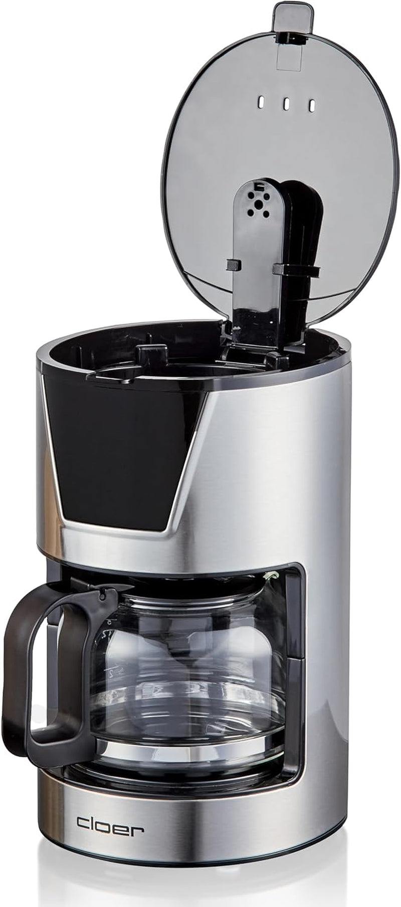 Cloer Filter-espressomachine voor 6 kopjes, zachte warmhoudfunctie, glazen karaf, maatlepel, waterniveau-indicator, antidruppelsysteem, automatische uitschakeling, filtermaat 1x2, 550W, roestvrij staal