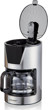 Cloer Filter-espressomachine voor 6 kopjes, zachte warmhoudfunctie, glazen karaf, maatlepel, waterniveau-indicator, antidruppelsysteem, automatische uitschakeling, filtermaat 1x2, 550W, roestvrij staal