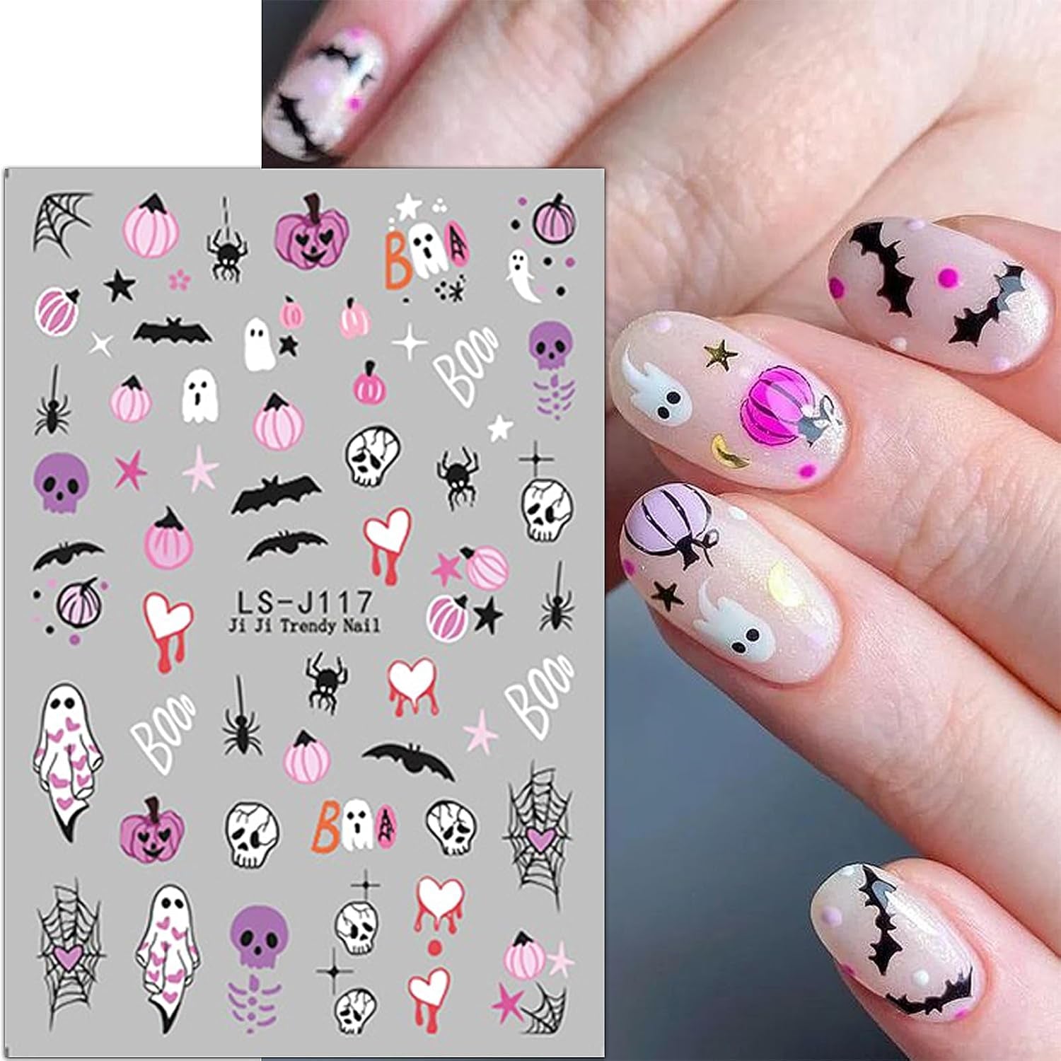 JMEOWIO Nagelsticker Halloween Süßer Geisterkürbis 9 Blatt Nail Art Sticker Selbstklebend Nagelaufkleber Decoratie Nageldesign Zubehör