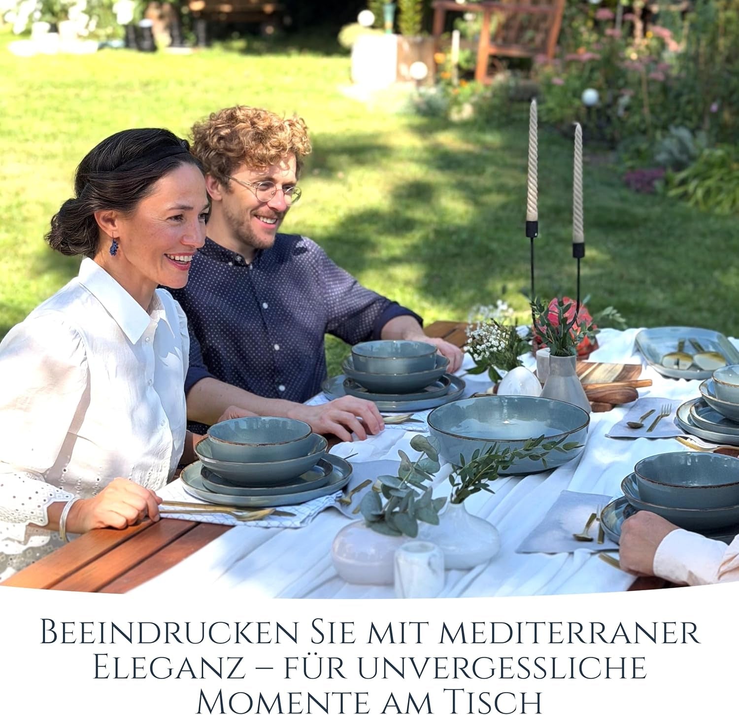 Steingut Geschirrset 6 Personen Rustiek 24 tlg. TESTSIEGER, Hochwertiges Landhaussttil Steingut Geschirr Set, Schüssel- und Teller Set, Tafelservice 6 Personen, Geschirrsets Puur Wonen in Rauchblau