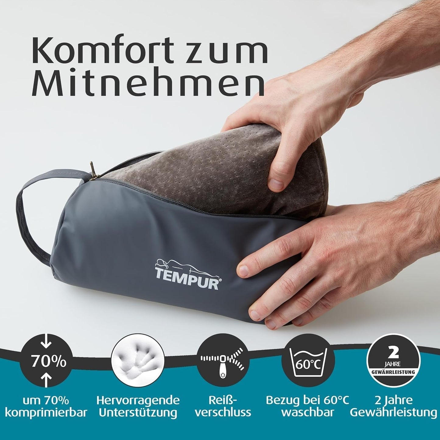 TEMPUR Memory Foam reiskussen, ergonomisch nekkussen, inclusief draagtas, antraciet, afmetingen 25 x 31 x 10/7 cm