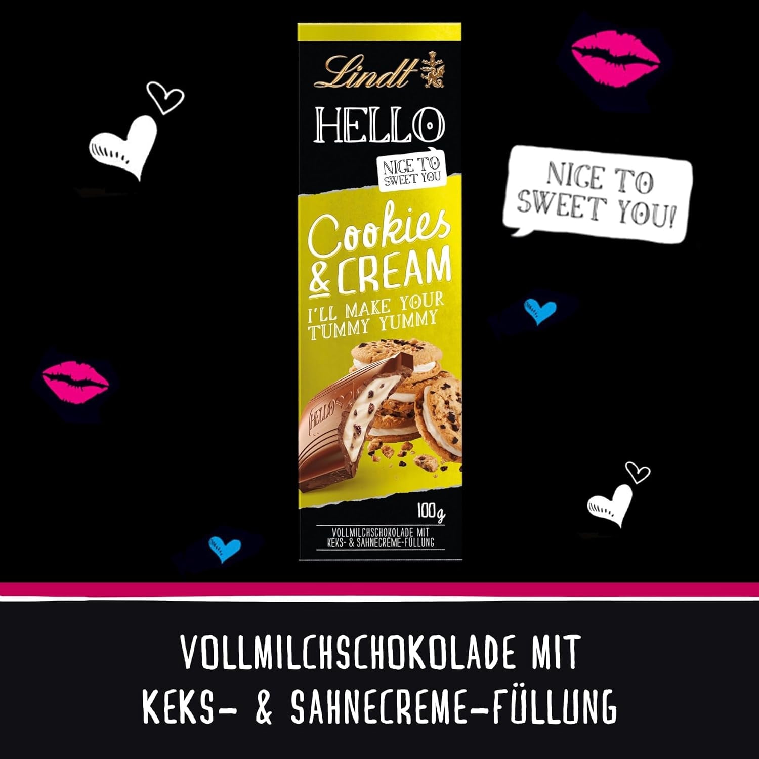 Lindt Hallo Cookies & Cream Chocolade | Reep 100g | Melkchocolade met koekjes en roomvulling | Chocoladereep | Chocolade cadeau