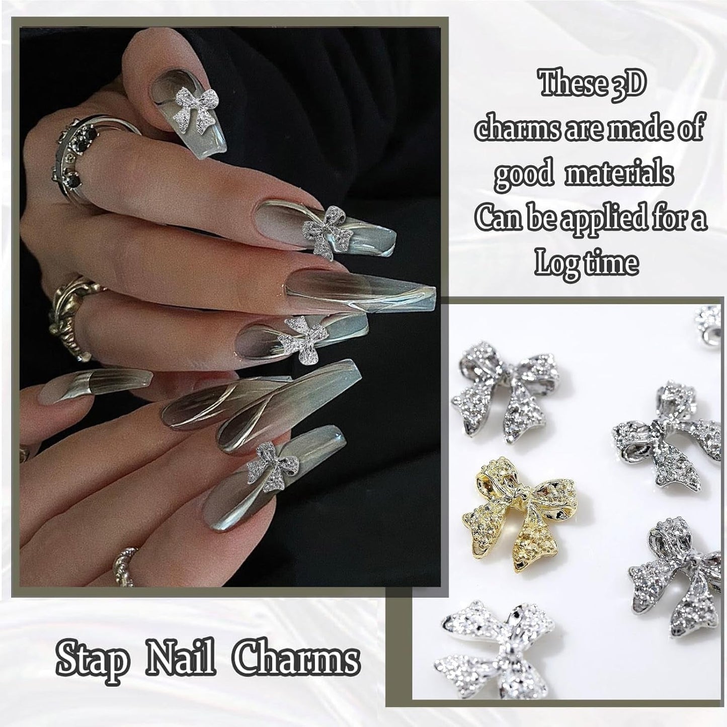 30st metalen nagelbogen, goud zilver grijze strikken, nagelaccessoires, nageldecoraties voor vrouwen en meisjes, nail art design