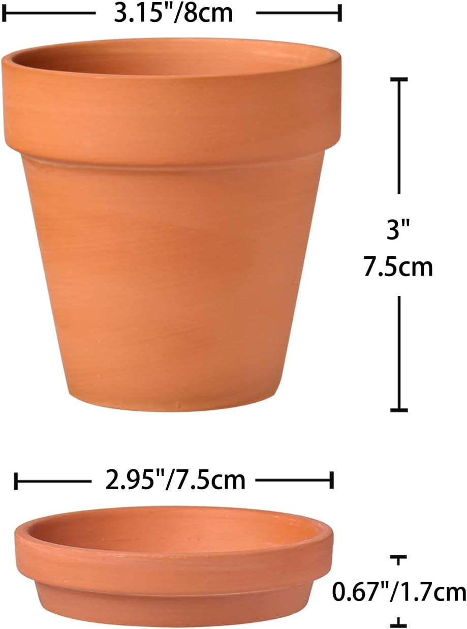 Hollyone 8-delige kleine terracotta plantenbakkenset, 8x8cm ronde kleipotten met plaat en afvoergat, kleine plantenbakken met lade, terracotta succulente potten voor kamerplanten, keramische plantenbakken