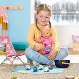 BABY born 832790 Weekend Fishing - Visserijpop accessoireset met ligstoel met levendige print, bijzettafel, glas, mand, eendjes en hengel en roze lang shirt, Roze
