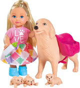 Simba 105733072 - Evi Love hondenoppas met hond en drie puppy's, accessoires, modepop, 12 cm, voor kinderen vanaf 3 jaar
