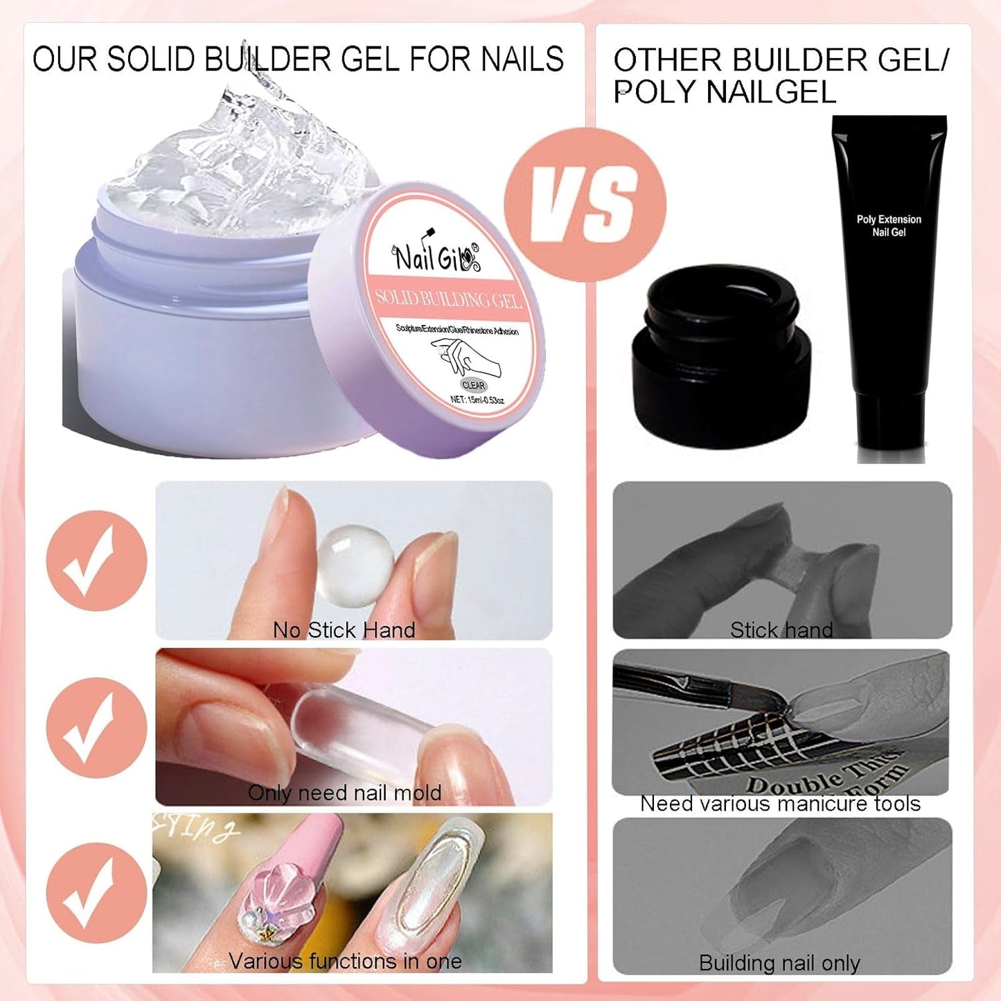 NAILGIL Solid Gel nagellak, Solid Gel nagellijm, 3D Nail Art Sculpture met gereedschapsset, DIY Home Salon, Transparant 15G