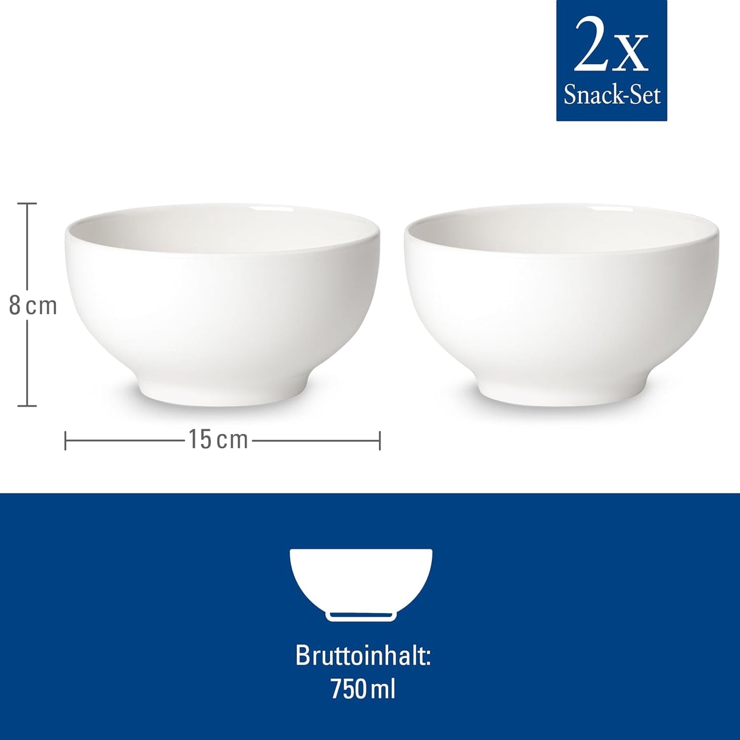 Villeroy & Boch For Me Graanschalen set van 2, wit, vaatwasmachinebestendig, magnetronbestendig, kleine kommen voor 2, kommen, ontbijtgranenschalen, snacks of sauzen, bord, premium porselein