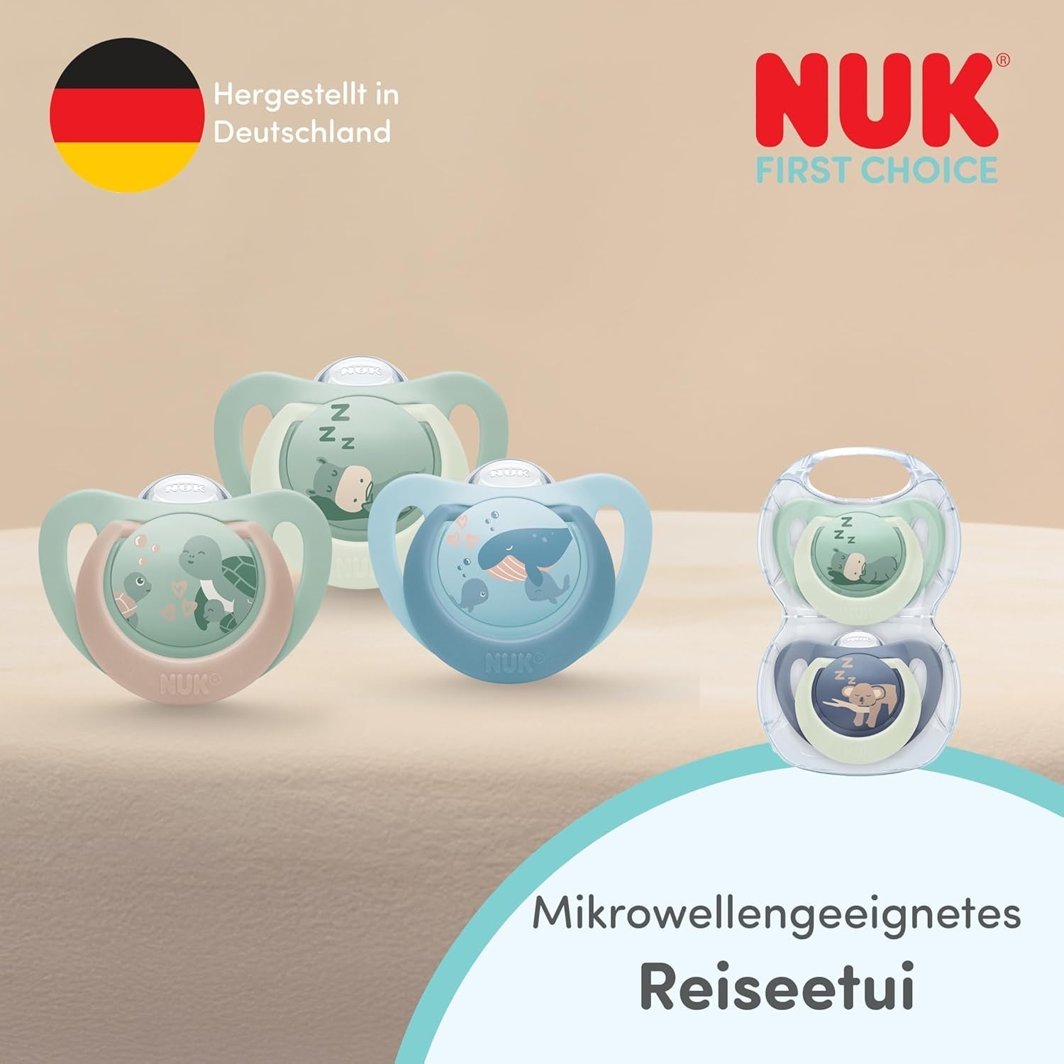NUK First Choice Nachtfopspenen voor baby's | 6-18 maanden | Orthodontische fopspenen die oplichten in het donker | Kalmeert 99% van de baby's** | Nijlpaard/Koala | Pak van 2
