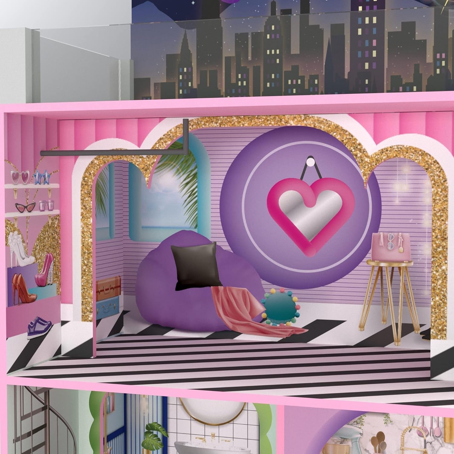 Olivia's Little World Big Dreamland Sunset Eigentijds houten interactief poppenhuis van 3 verdiepingen voor kinderen met 16 poppenmeubelaccessoires Meerkleurig TD-13616A