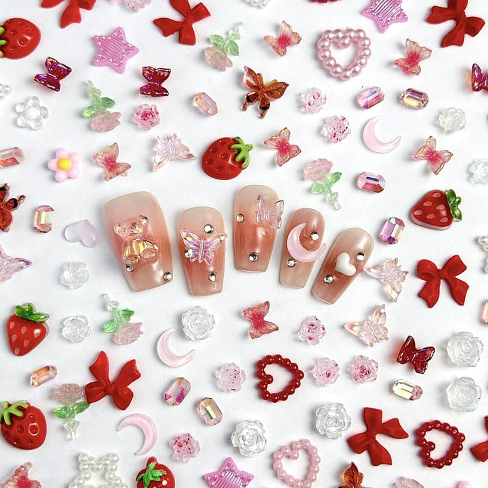 100 stuks 3D nagelbedels Rosa Rot Kirsche Erdbeere Blume Nagel Charms Kamelie Rose Schmetterling Nail Art Charms Flatback Herz Schleife Charms Nägel Zubehör Mond Stern Nagelschmuck Nageldesign Anhänger