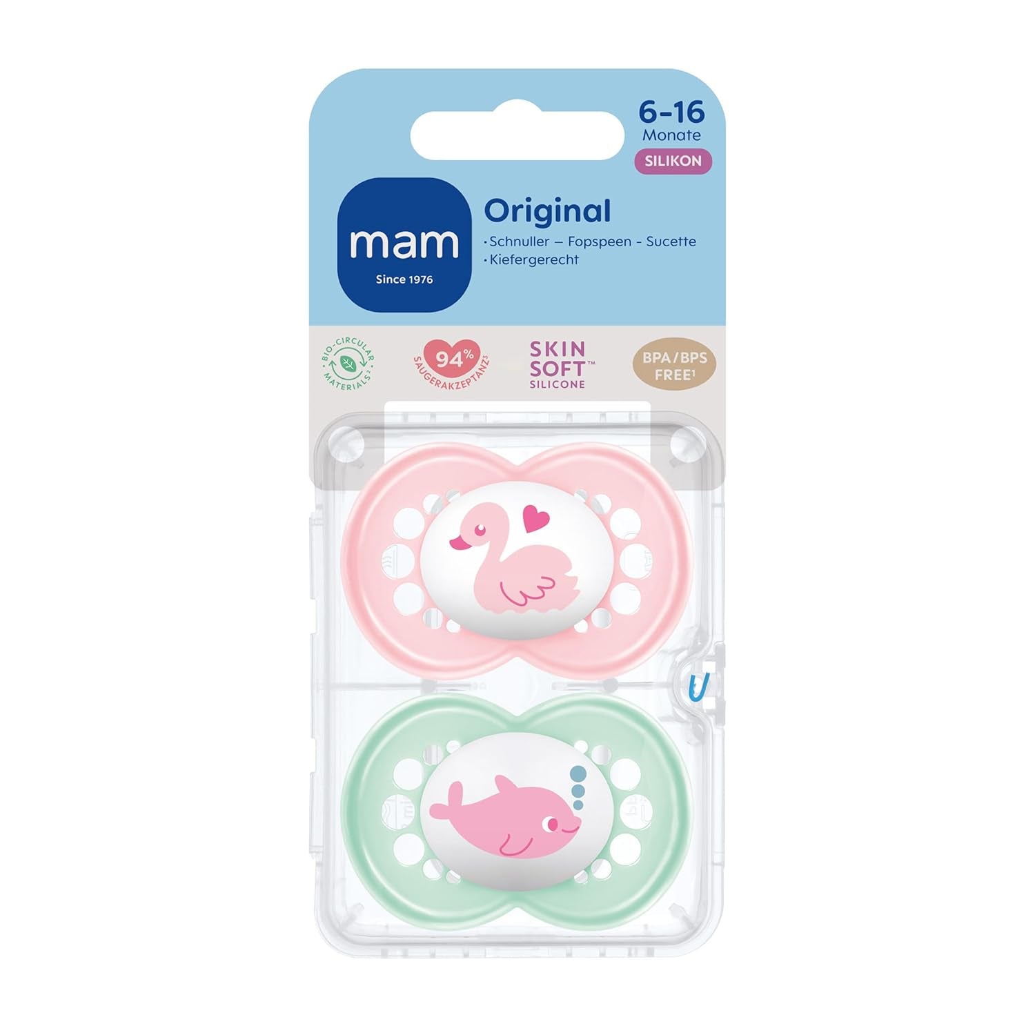 Originele MAM Fopspenen | 6-16 maandag | Babyfopspenen | Geaccepteerd door 94% | Geschikt voor borstvoeding | Aanbevolen door verloskundigen | Tandvriendelijk | Siliconen SkinSoft | Zwaan/dolfijn | Pak van 2
