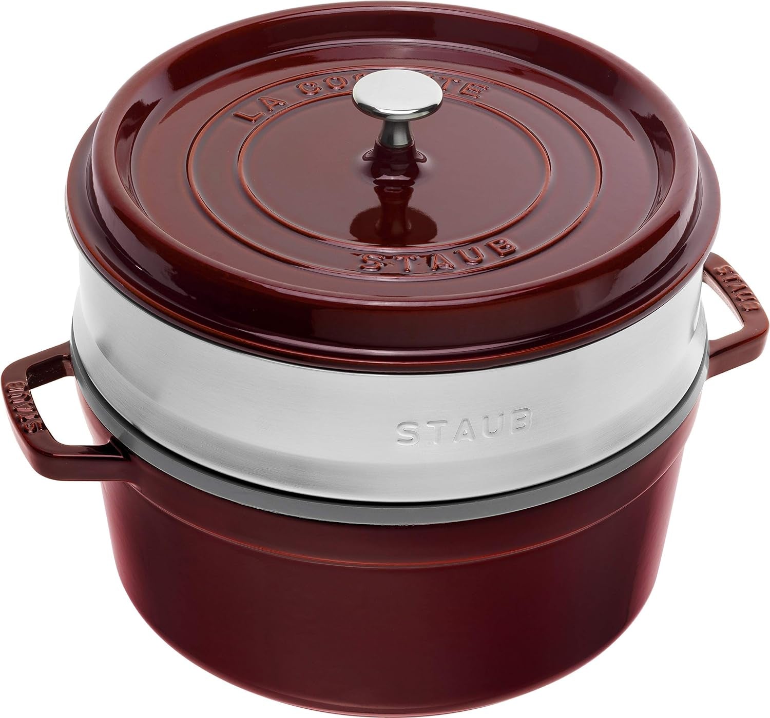 STAUB Gusseisen Bräter/Cocotte, Mit Dämpfeinsatz Aus Edelstahl, Rund 26 Cm, 5,2 L, Aromaregen-functie voor optimale werking, voor alle herdarten Inkl. Induktion & Backofen, Kirschrot, Rot Vormen en bakplaten voor het bakken van Naty Shop Grenadine
