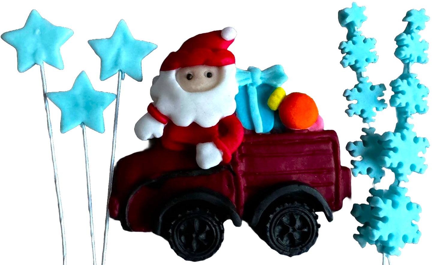 Set van 6 eetbare decoraties van suikerpasta, Kerstmis, de auto van de Kerstman, sterren en sneeuwvlokken Decoraties van Sugar Paste Naty Shop