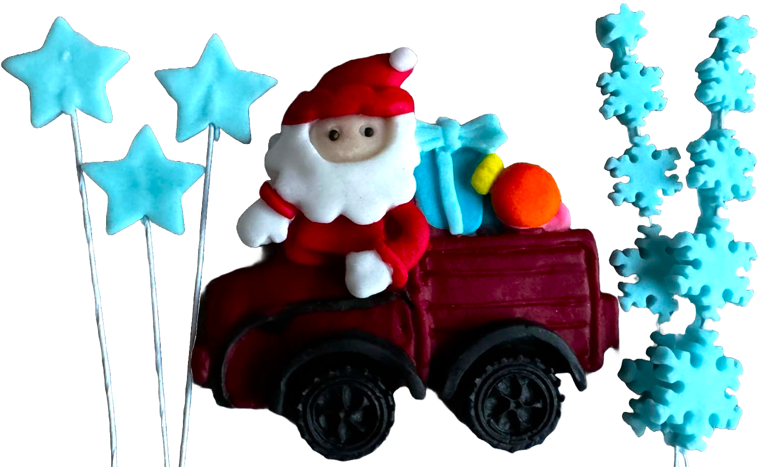Set van 6 eetbare decoraties van suikerpasta, Kerstmis, de auto van de Kerstman, sterren en sneeuwvlokken Decoraties van Sugar Paste Naty Shop