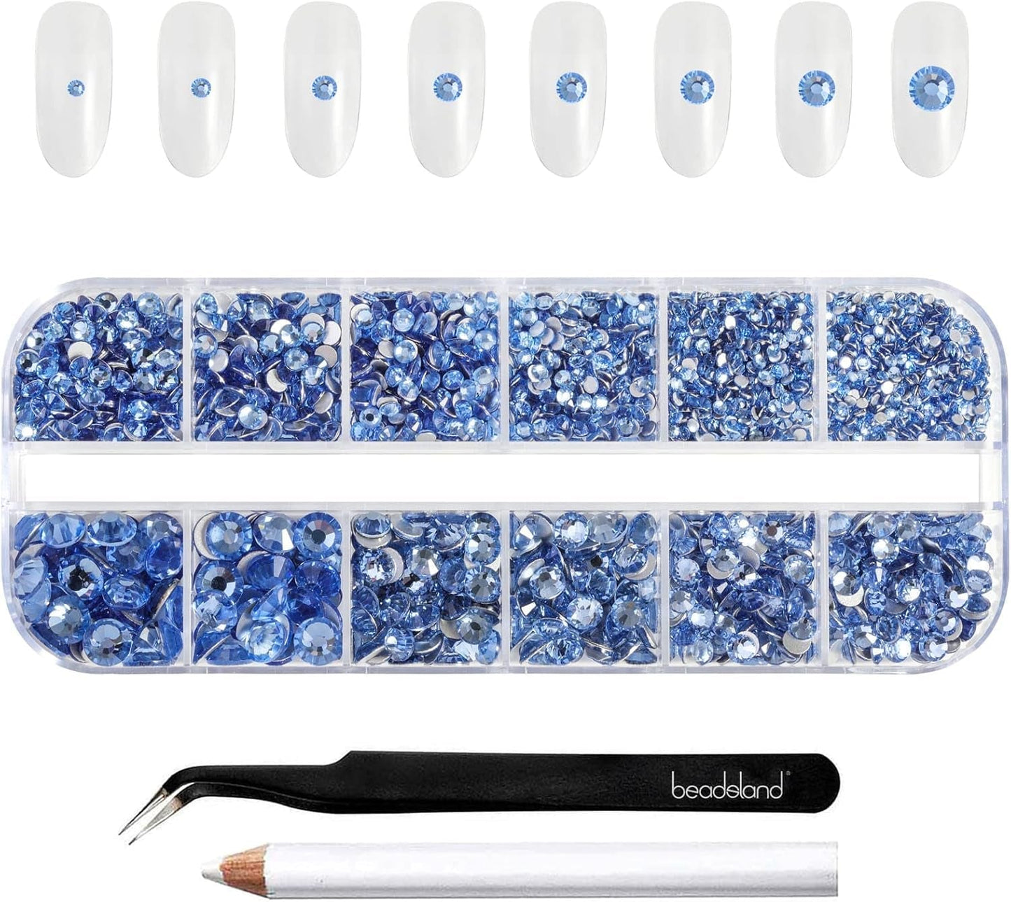 Beadsland 2500 stuks glas Nailart Strasssteine ​​Kristall Flatback Edelsteine ​​Runde, voor handwerk Gemischt 8 Größen SS4 ~ SS30 Mit Picking Pinzette en Stift (Kristall Weiss)