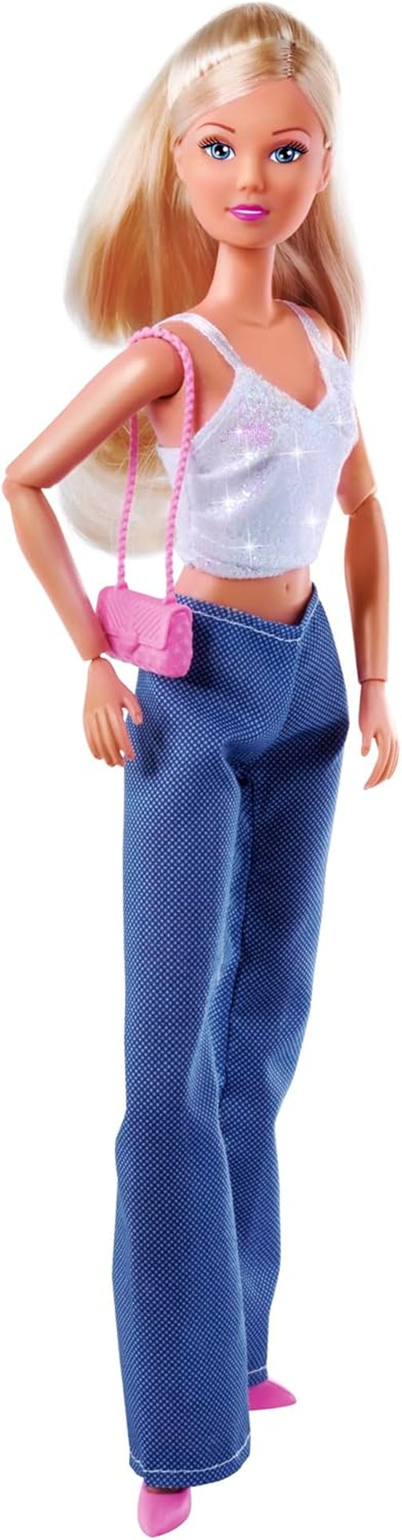 Simba Steffi Love Jeans & Glitter Bijpassend op 2 manieren EEN Item inbegrepen Glittertop met jeans en modeaccessoires voor poppen van 29 cm Pop niet inbegrepen Leeftijden 3+