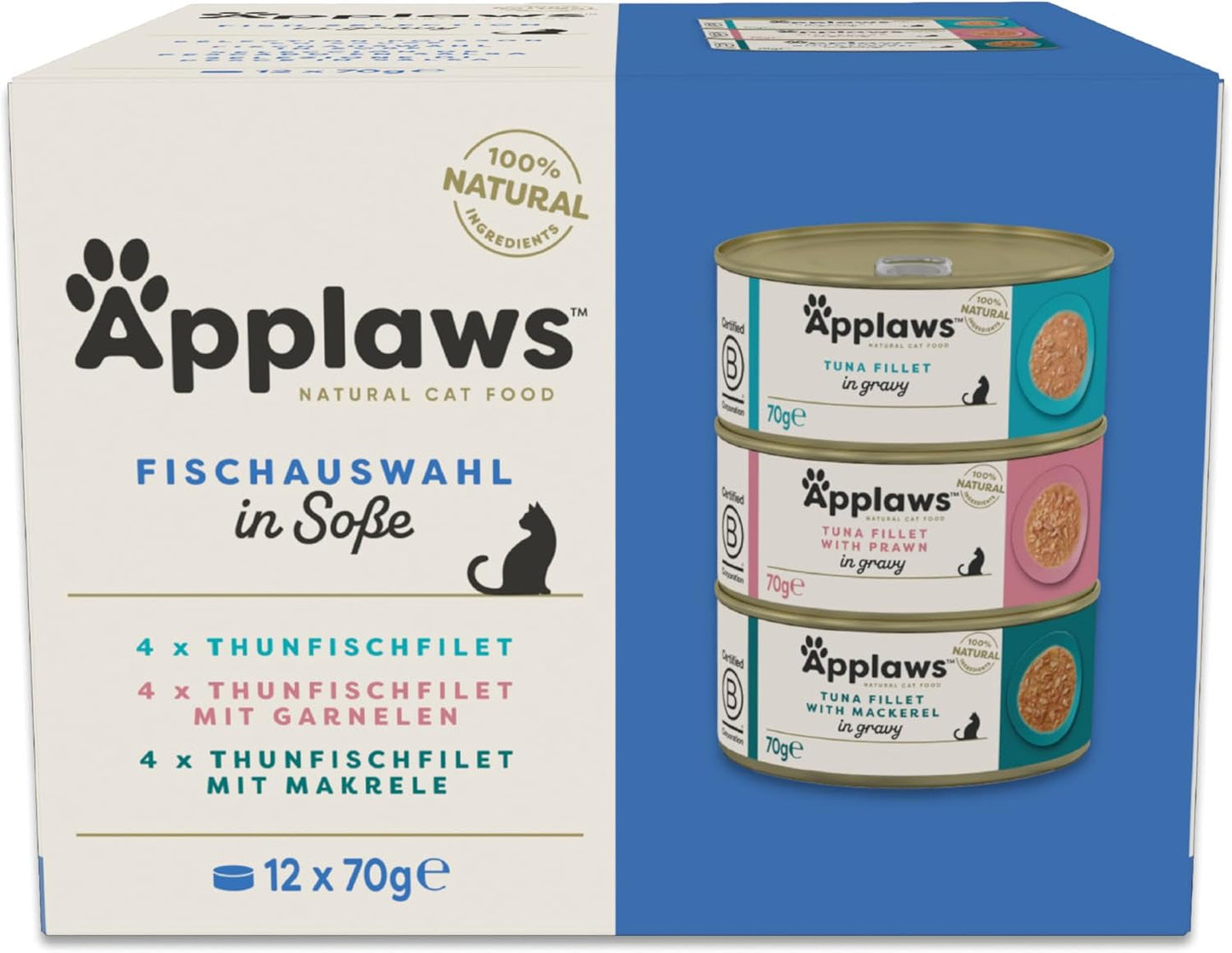Applaws 100% natuurlijk natvoer voor volwassen katten, diverse soorten vis in saus, multiverpakking, 12 dozen x 70 g