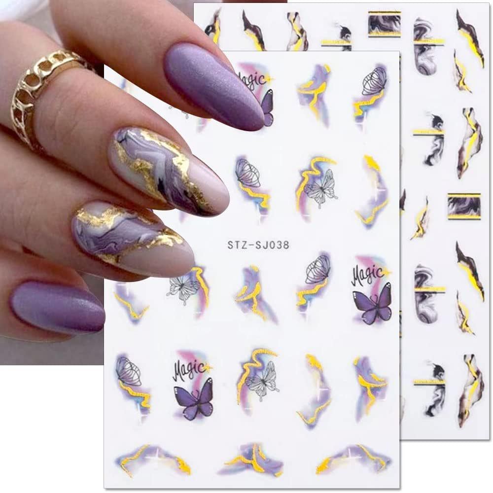 6 Blatt 3D Lila Schmetterling Nagelstickers Selbstklebend Nagelaufkleber Schmetterlinge Nagelsticker Bunte Blühen Marmor Nagelstickers Regenbogen Welle Linien Nail Art Aufkleber Nageldesign Zubehör
