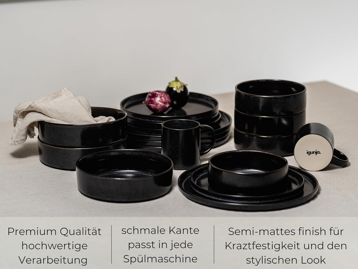 Serviesset van zwart steengoed, kom en bord [12-delig voor 4 personen] 100% handgemaakte zwarte serviesset met reactief glazuur van topkwaliteit