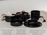 Serviesset van zwart steengoed, kom en bord [12-delig voor 4 personen] 100% handgemaakte zwarte serviesset met reactief glazuur van topkwaliteit