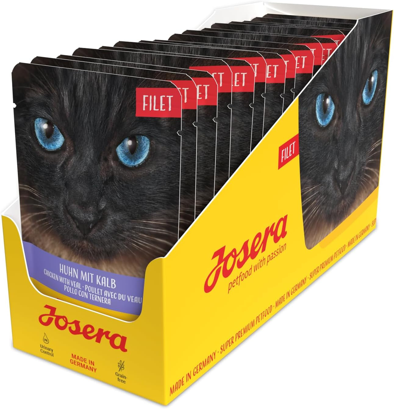 JOSERA Kip- en kalfsfilet (16 x 70 g) | Volwassene | Premium natvoer voor volwassen katten | Kip en kalfsvlees met 40% kipfilet | Geen granen | Nat kattenvoer in vershoudzakje | Pak van 16