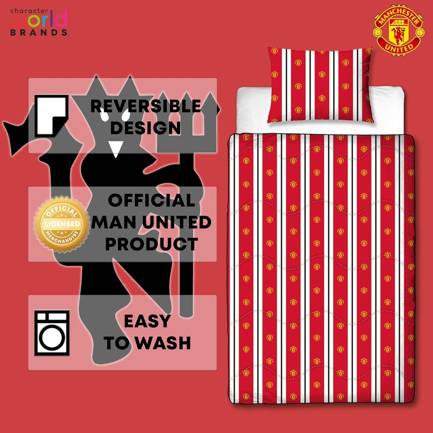 Manchester United FC officieel eenpersoonsdekbed, omkeerbaar, rood en wit, hoesloos, voetbaldekbed, kussensloop, wasbaar, perfect voor reizen, overnachtingen, 10,5 Tog dekbedden en quilts Naty Shop