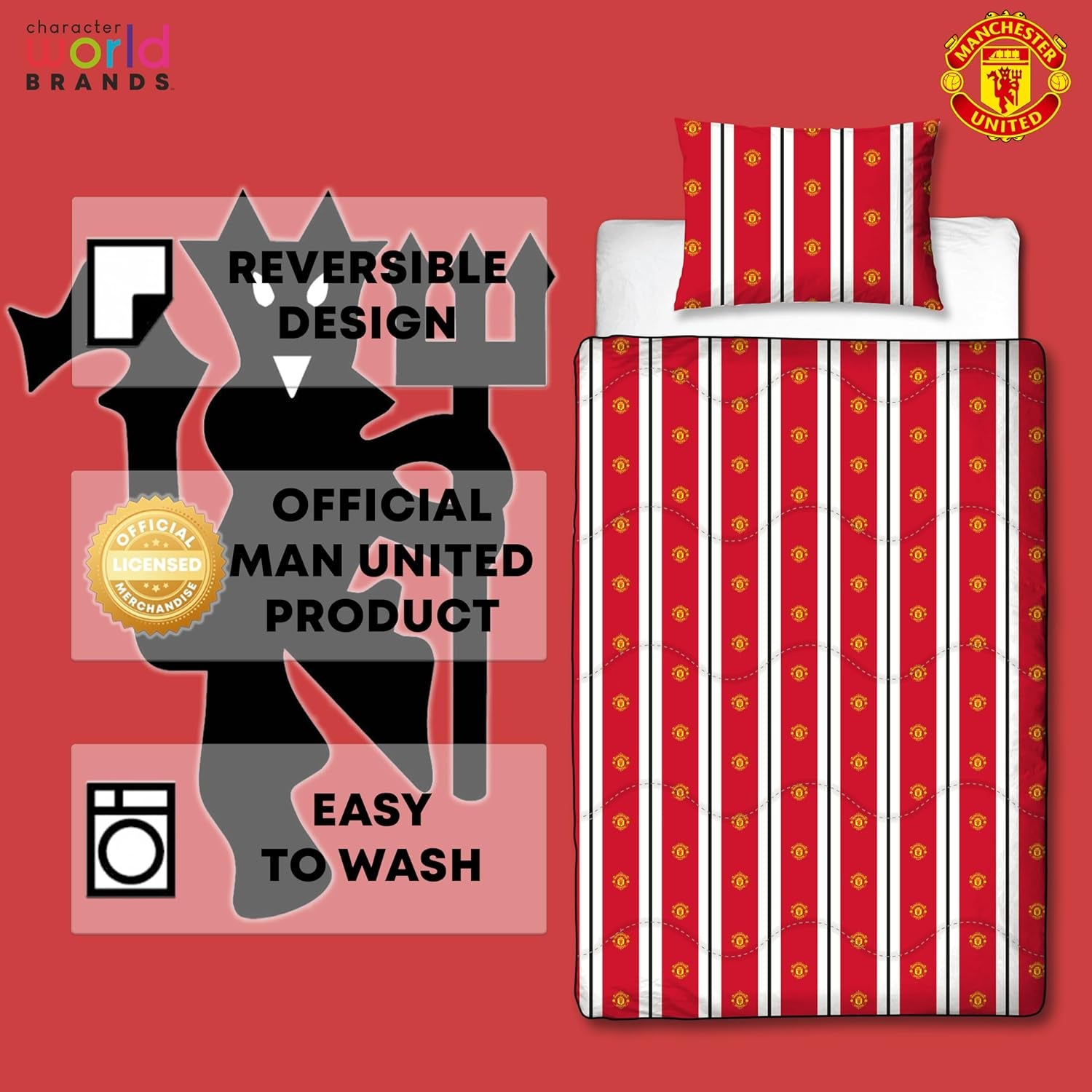 Manchester United FC officieel eenpersoonsdekbed, omkeerbaar, rood en wit, hoesloos, voetbaldekbed, kussensloop, wasbaar, perfect voor reizen, overnachtingen, 10,5 Tog dekbedden en quilts Naty Shop