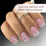 24pcs Wit Vierkant Lijm op korte nagels Roze gradiënt bloemenpatroon Druk op de nagels Kunstnagels Valse nagelkunst Franse vierkante nagels Kunstnagels voor dames