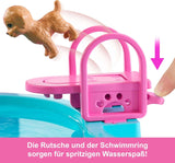 Barbie Dream Zwembadspeelset met zes speelplekken, waaronder een glijbaan en jacuzzi, plus meer dan 20 accessoires zoals een huisdier, zwemringen en meer, JKG83
