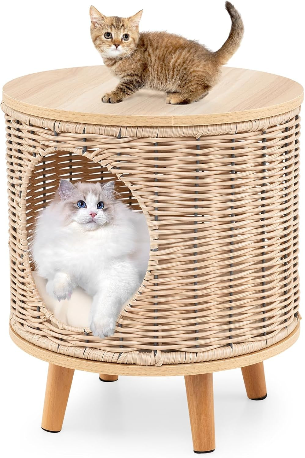 Katzenhaus Rattan, Katzenmöbel mit Holzbeinen & soft Kissen, 3 in 1 Katzenhöhle Fußhocker Nachttisch, Katzenbett stabil bis 30 kg voor Wohnzimmer Schlafzimmer