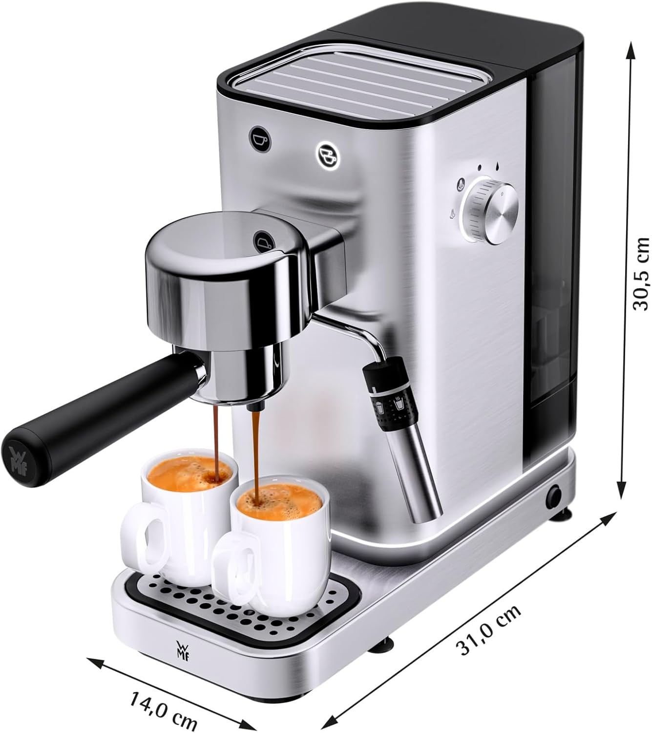 WMF Lumero espressomachine, portafilter, 1400 watt, portafilter, 3 inzetstukken, voor 1-2 espressokopjes, inclusief voor capsules, 15 bar, bekerhouder, melkopschuimer, mat roestvrij staal